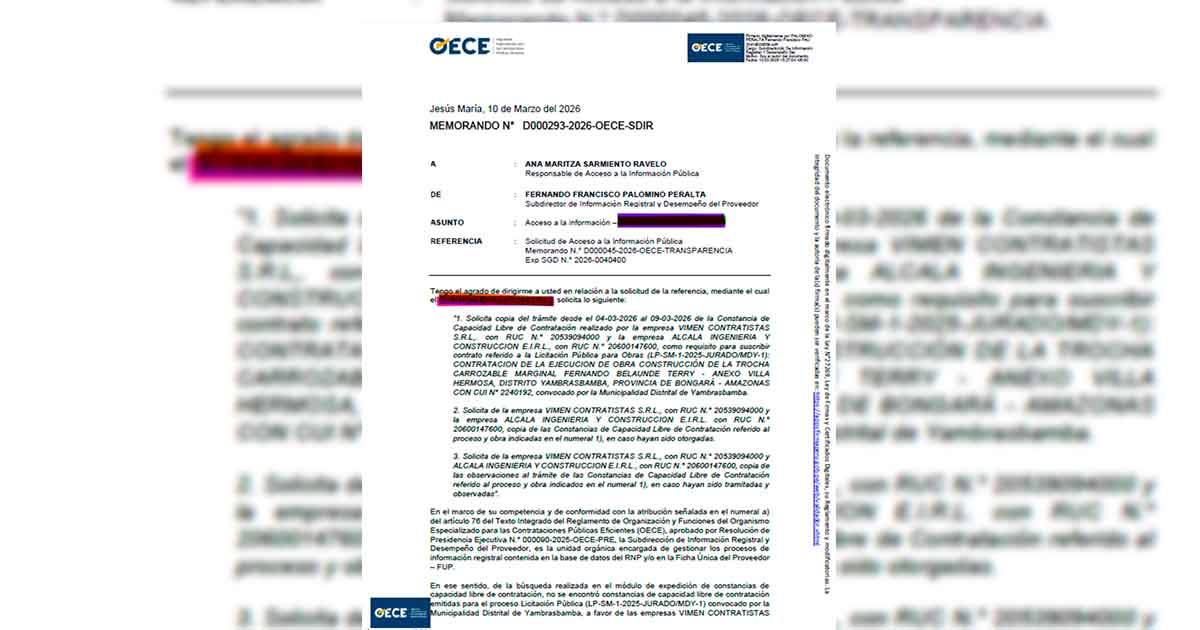 OECE confirma que Consorcio Shenlong no puede firmar contrato en Yambrasbamba